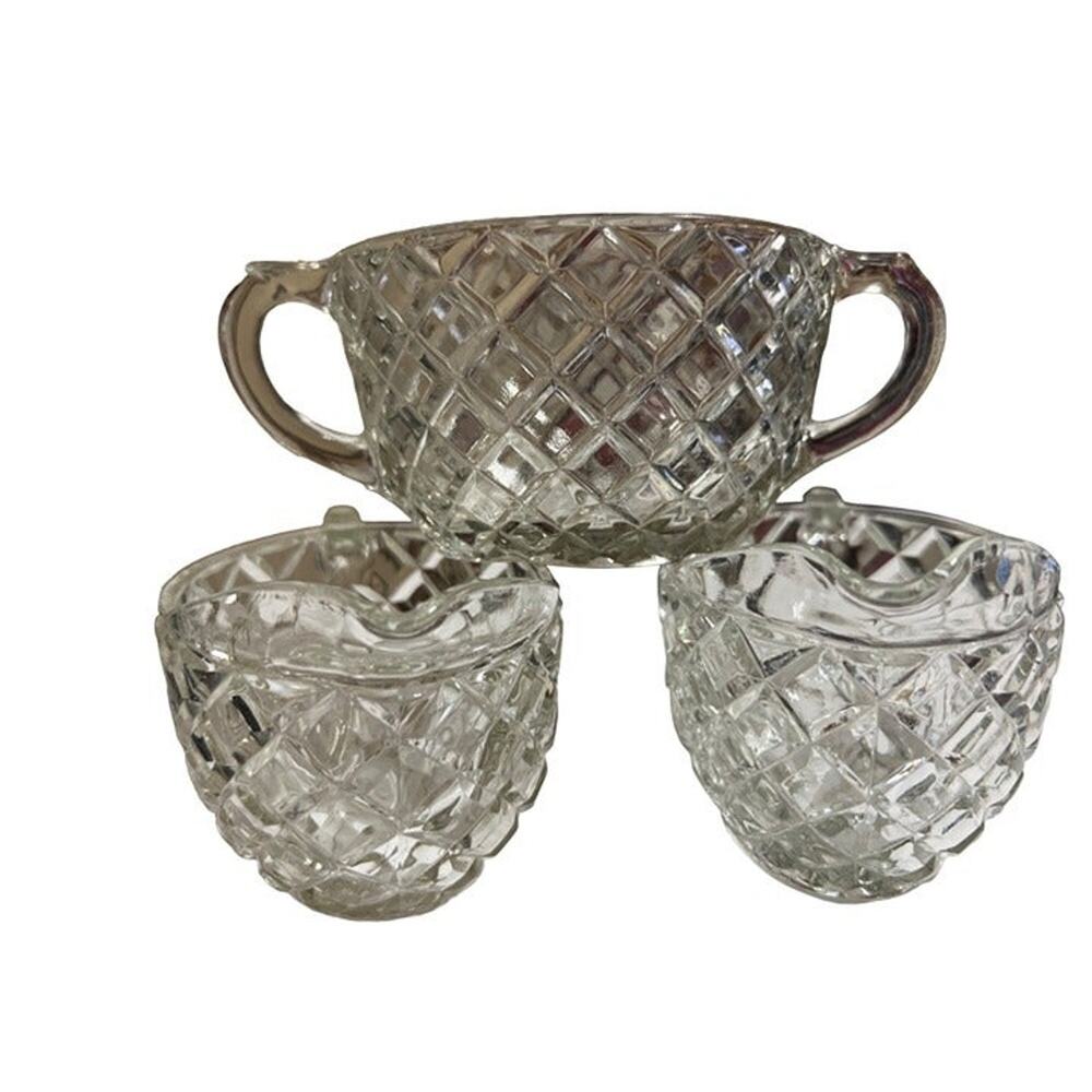 Vintage Anchor Hockings Waterford Waffle Glass (2) Creamers (1) Sugar